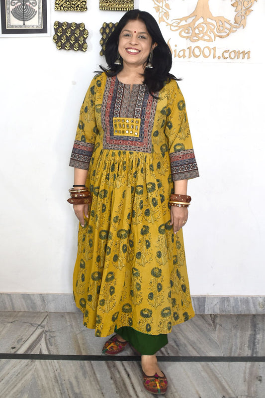 Designer Hand Block Printed Ajrakh cotton Kurta With Mirror Work - Size 38 to 46 ( all sizes)