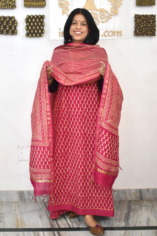 Elegant Hand Block print cotton suit with Schiffli work & Chanderi dupatta