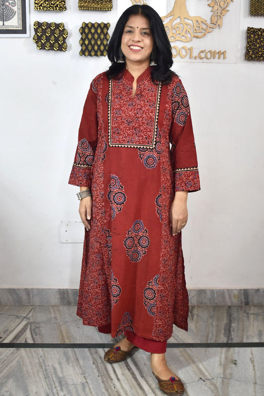 Designer Hand Block Printed Ajrakh cotton Kurta / Dress - Size 38 to 48 ( all sizes)