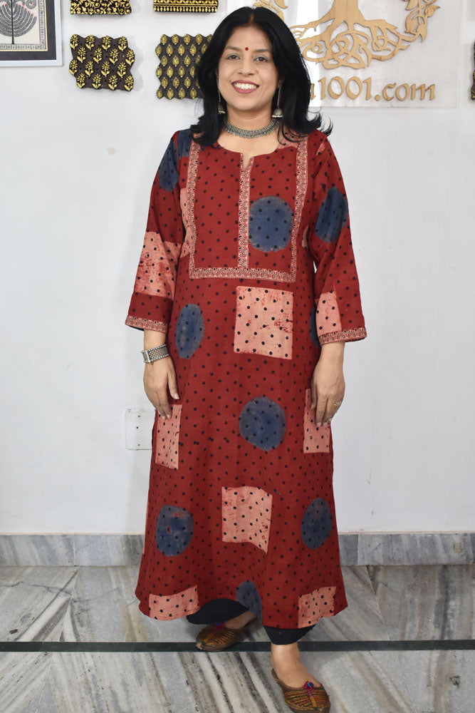 Designer Hand Block Printed Ajrakh cotton Kurta / Dress - Size 38 to 46 ( all sizes)