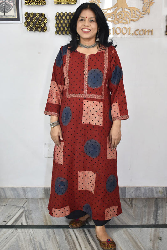 Designer Hand Block Printed Ajrakh cotton Kurta / Dress - Size 38 to 46 ( all sizes)