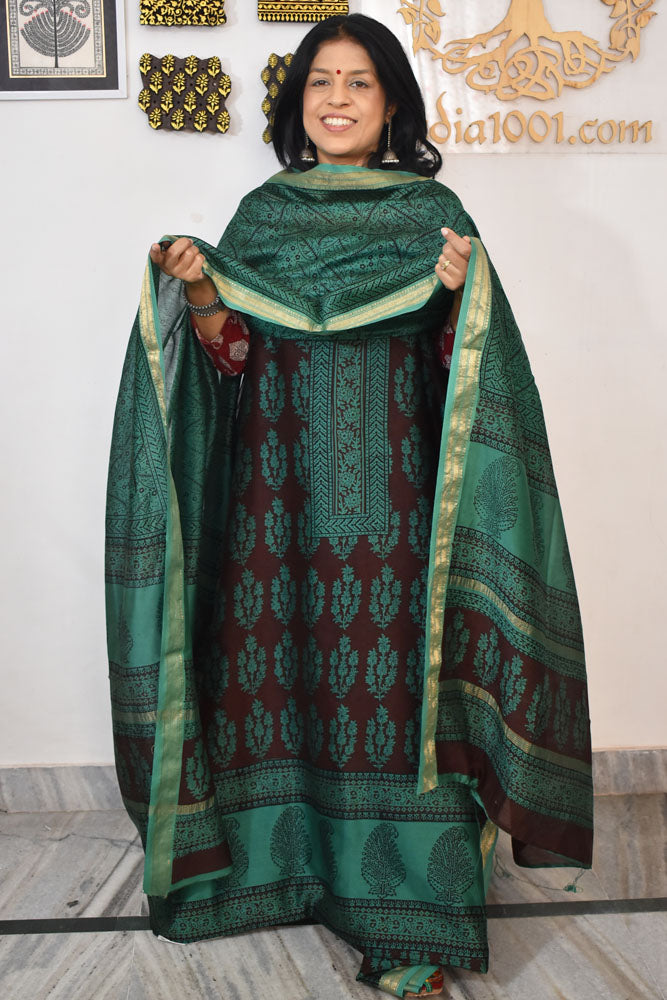 Bagh Hand Block Printed unstitched 3 pcs Handwoven Maheshwari suit fabric with Zari borders