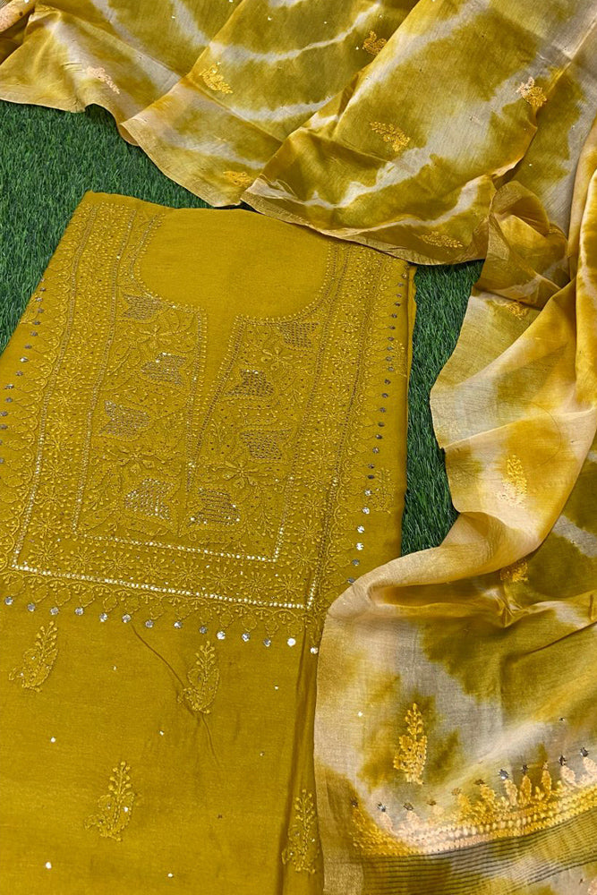 Elegant Chanderi  Kurta & Tie & Dye Dupatta Set with Heavy Chikankari Embroidery & Intricate Muqaish work