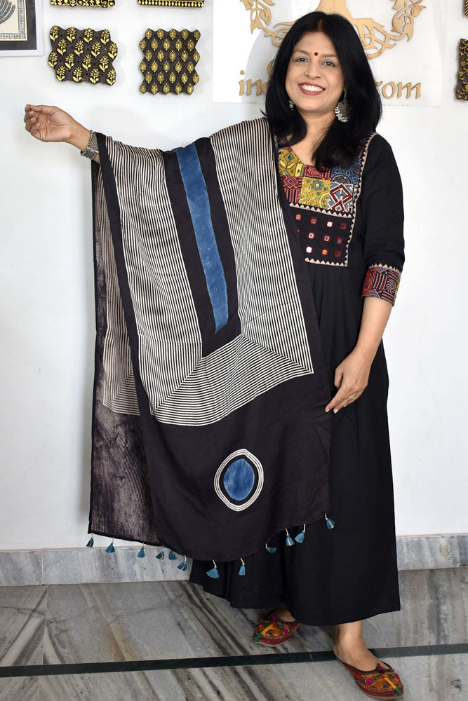 Beautiful Hand Block Printed Ajrakh Modal Silk stole with Tassels