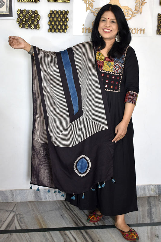 Beautiful Hand Block Printed Ajrakh Modal Silk stole with Tassels