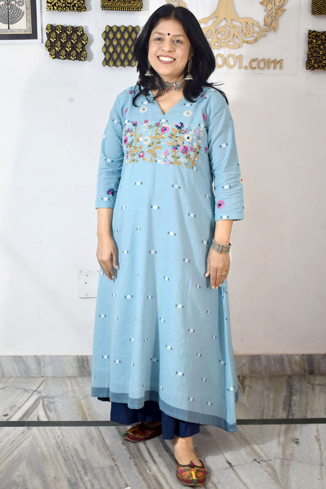 Elegant Cotton kurta / dress with French knot Hand Embroidery - Size 38 - 46