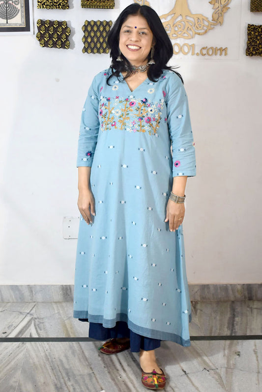 Elegant Cotton kurta / dress with French knot Hand Embroidery - Size 38 - 46