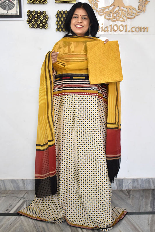 Designer Hand Block printed Cotton suit with chiffon dupatta