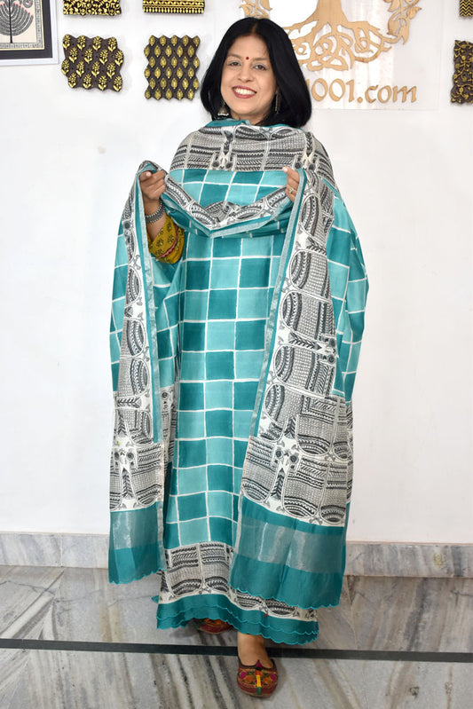 Beautiful Hand Block Printed Maheshwari Silk Cotton Unstitched suit fabric with madhubani art motifs