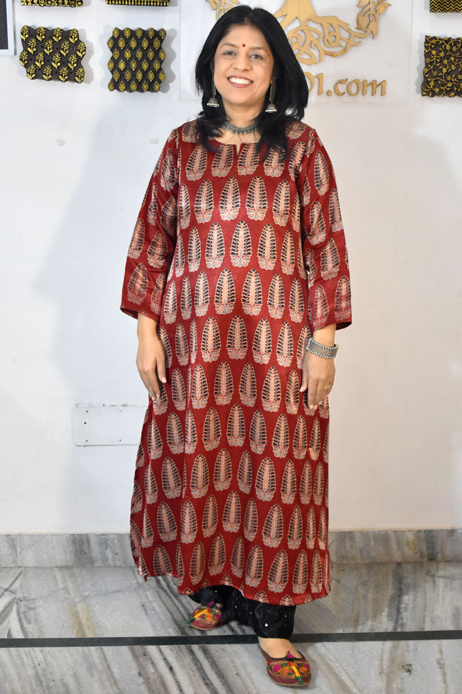 Beautiful Mashru Silk Kurta with Ajrakh block print  - Size 38 - 48