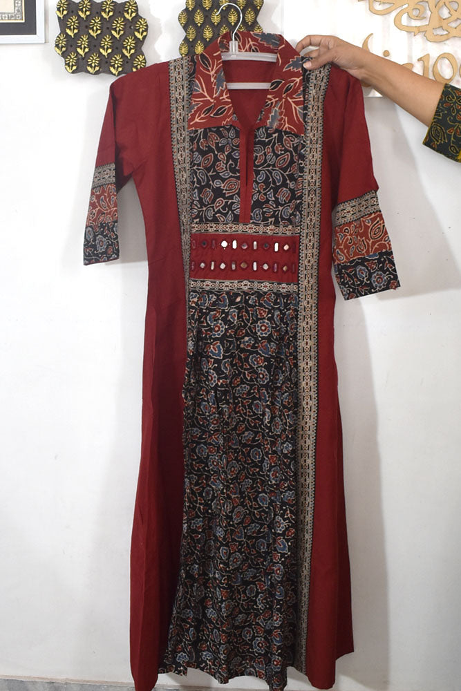 Designer Hand Block Printed Ajrakh cotton Kurta With Mirror Work - Size 38 to 46 ( all sizes)