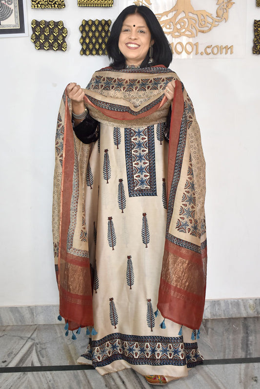 Beautiful Hand Block printed Kutch Ajrakh Chanderi Kurta and Lagdi patta dupatta set