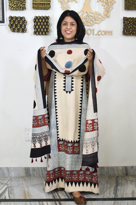 Block Print Ajrakh Cotton Suit with designer Ajrakh neck yoke /panel & Long Stole