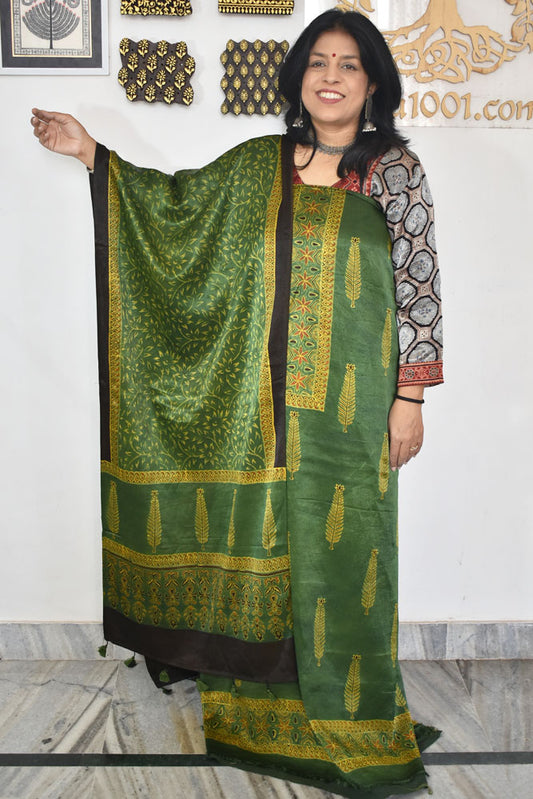 Designer Ajrakh Mashru Silk Unstitched suit with  panel / yoke design- 3 piece set