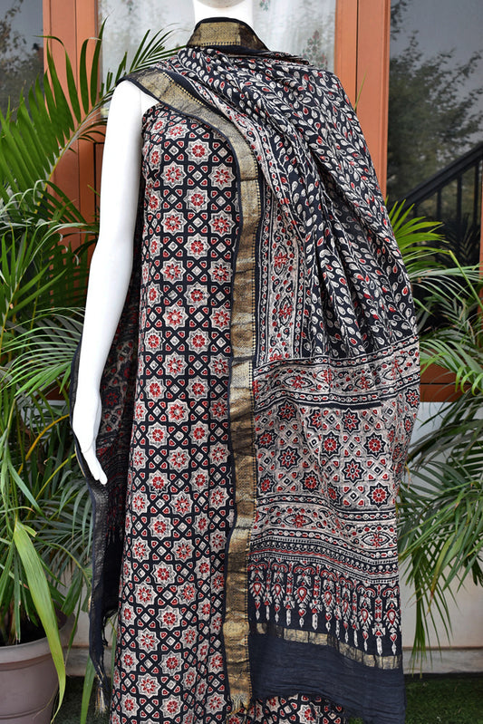 Beautiful Hand Block Printed Ajrakh Mangalgiri cotton Kurta fabric & Dupatta set