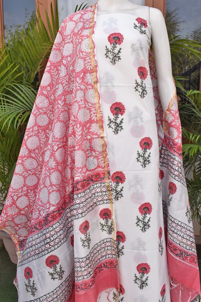 Hand Block Print Cotton kurta fabric with Chanderi dupatta - no bottom