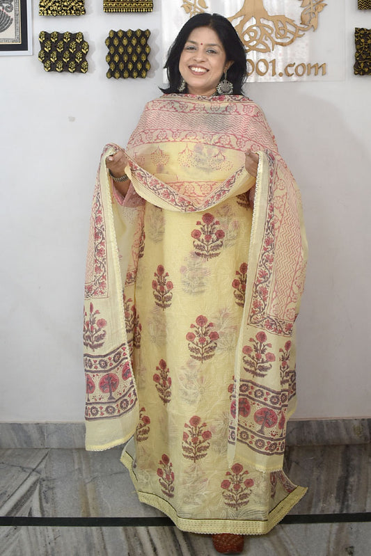 Elegant Kota cotton suit with tepchi work & Hand block printed dupatta