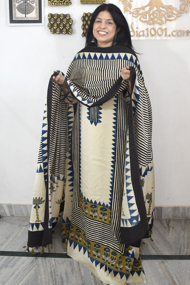 Designer Ajrakh Modal Silk Unstitched suit with  panel design & Ajrakh Dupatta- 2 piece set
