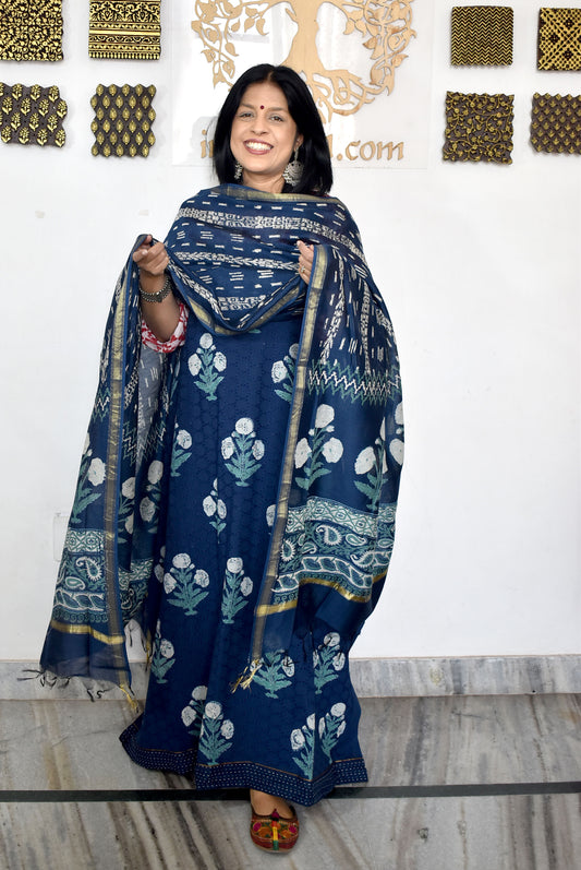 Elegant Hand Block print cotton suit with Schiffli work & Chanderi dupatta