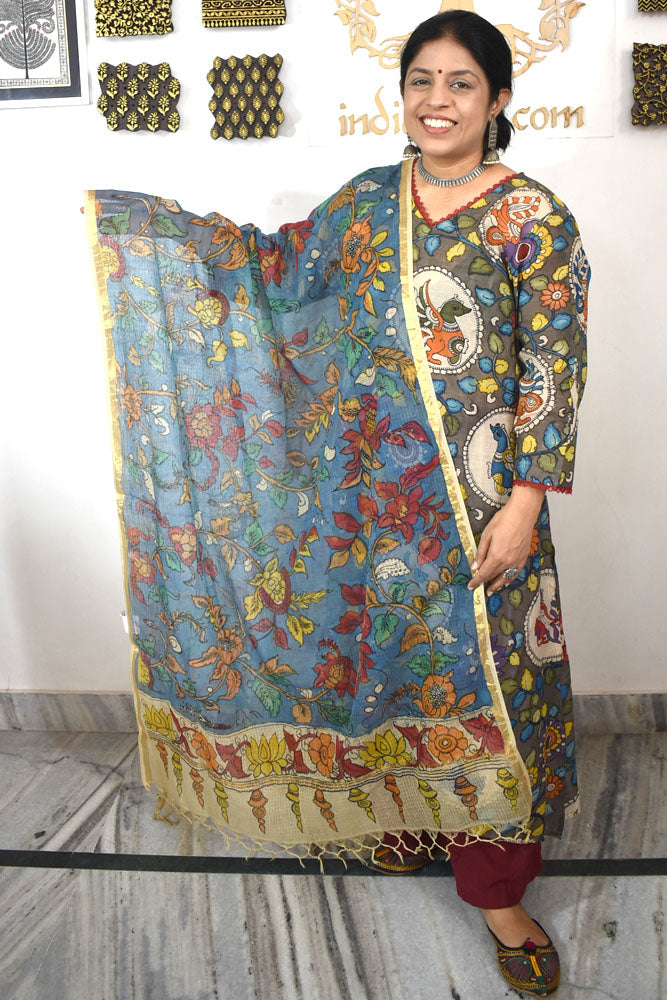 Beautiful  Kota Cotton Hand Painted Kalamkari Dupatta