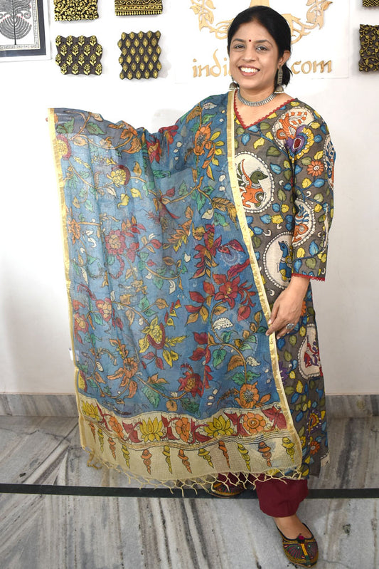 Beautiful  Kota Cotton Hand Painted Kalamkari Dupatta
