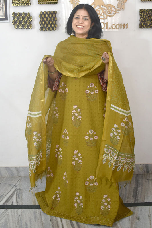 Elegant Hand Block print cotton suit with Schiffli work & Chanderi dupatta