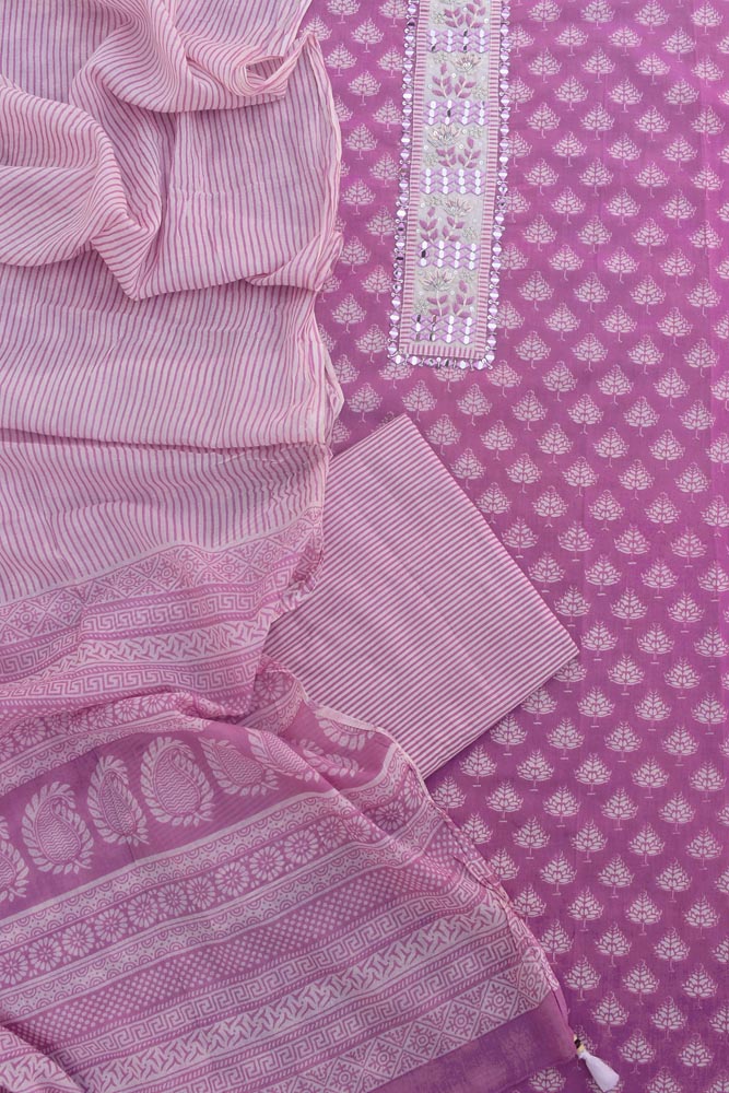 Beautiful Cotton Unstitched Suit Fabric with Mirror work , Hand Embroidery & Mul cotton dupatta