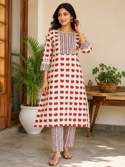 Elegant Hand Block Printed Cotton Kurta and pant set - Sizes 40 - 46