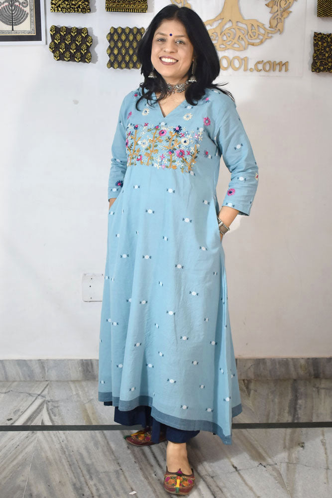Elegant Cotton kurta / dress with French knot Hand Embroidery - Size 38 - 46