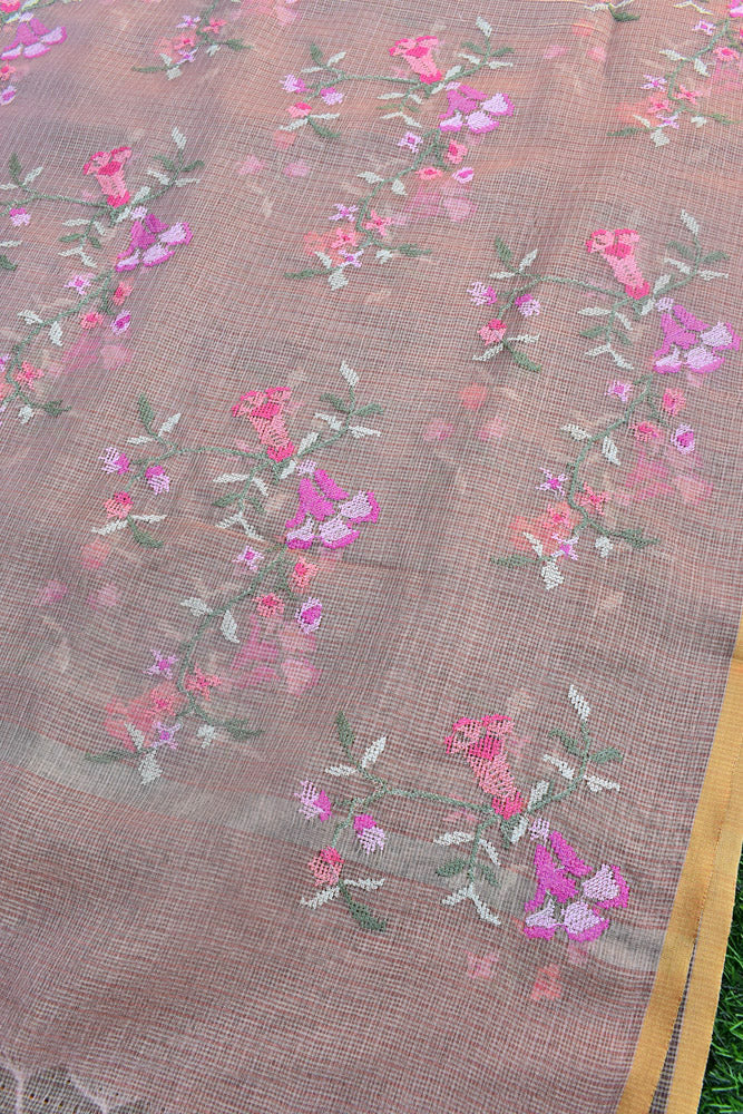 Elegant Kota Tissue dupatta with All over Cross Stitch Embroidery - Peach