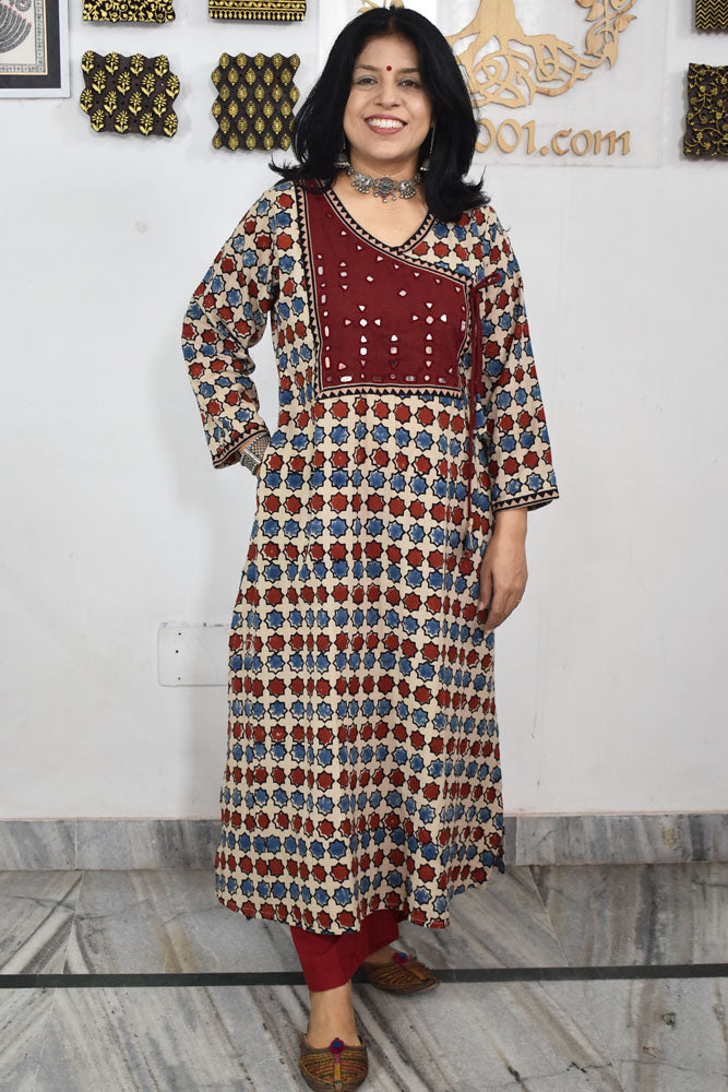 Designer Hand Block Printed Ajrakh cotton Kurta with Kutch Mirror work