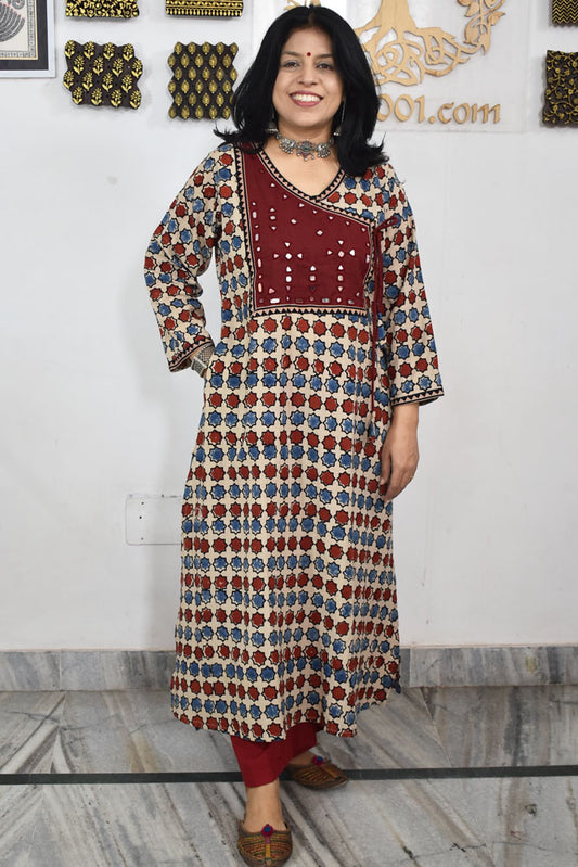Designer Hand Block Printed Ajrakh cotton Kurta with Kutch Mirror work