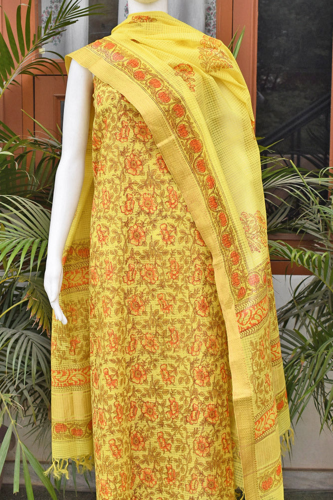 Elegant Handwoven Mangalgiri Cotton suit with Hand block print