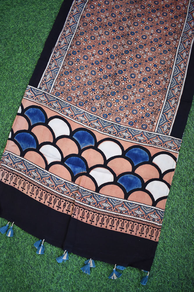 Beautiful Hand Block Printed Ajrakh Modal Silk stole with Tassels