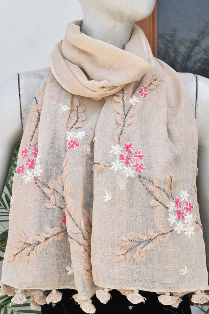 Beautiful Linen Stole with hand embroidery, embellishments & tassels