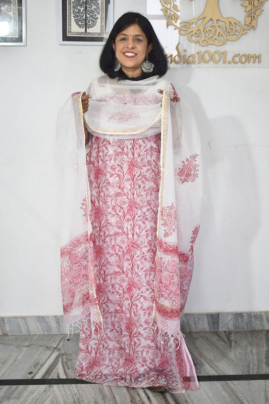 Beautiful Kota Doria cotton suit with Block print