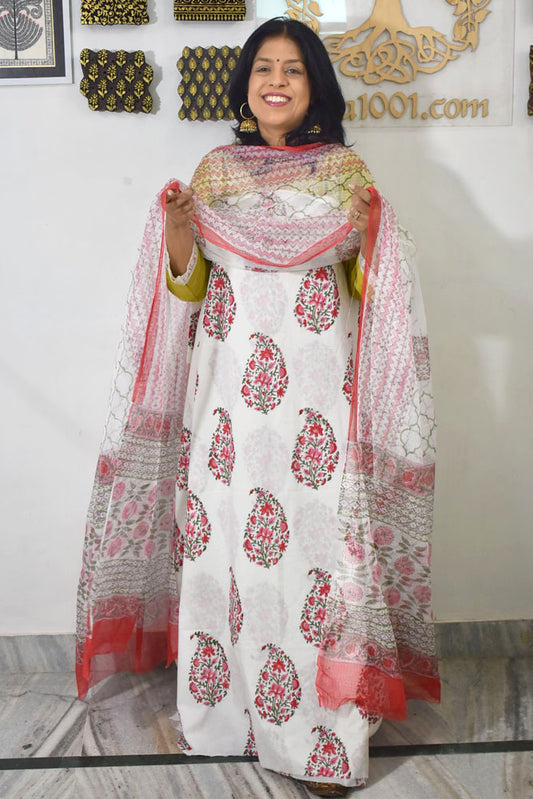 Designer Hand Block Print Cotton suit with Kota dupatta