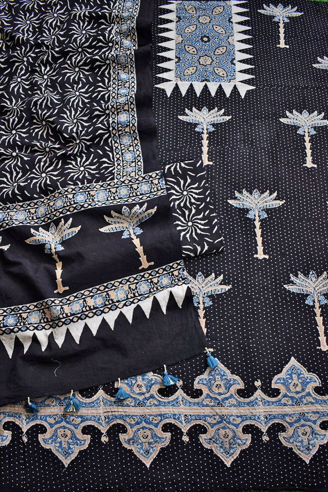 Block Print Ajrakh Cotton Suit with designer Ajrakh neck yoke /panel & Dupatta