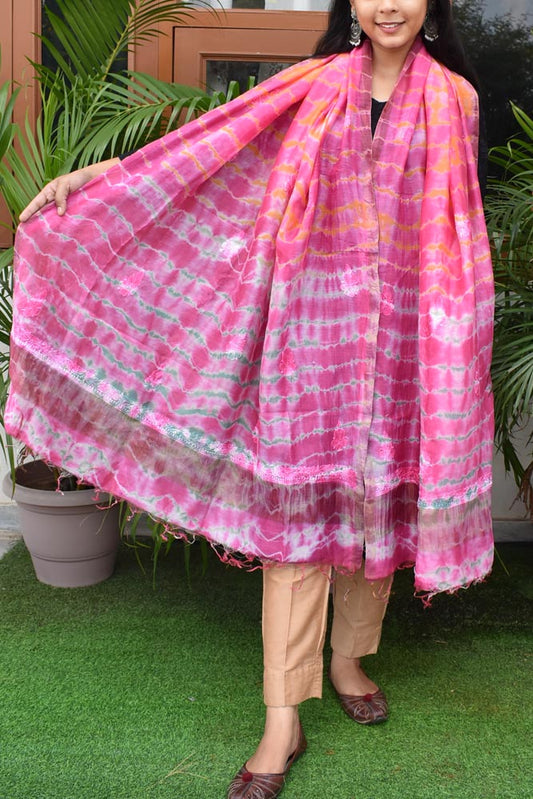 Beautiful Tie & dye Chanderi Dupatta with Hand Lucknowi Chikankari Embroidery