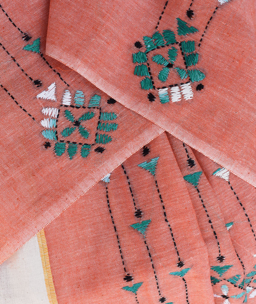 Elegant Handwoven Khesh Cotton Saree with Hand Kantha work