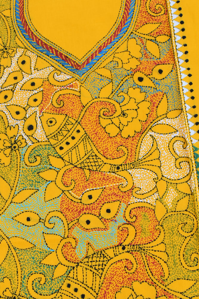 Hand Embroidered Nakshi Kantha work cotton fabric - (Length 2.8 mtrs, )
