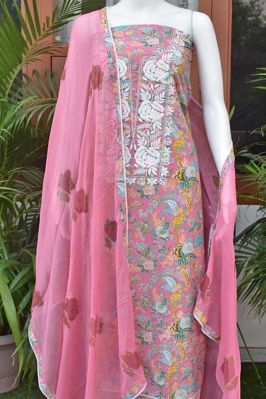 Beautiful Soft Cotton Unstitched Suit Fabric with Embroidery work, Lace Detailing & Chiffon dupatta