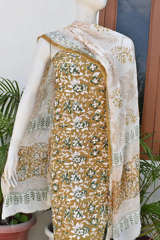 Hand Block Printed Cotton unstitched suit fabric with Chiffon dupatta