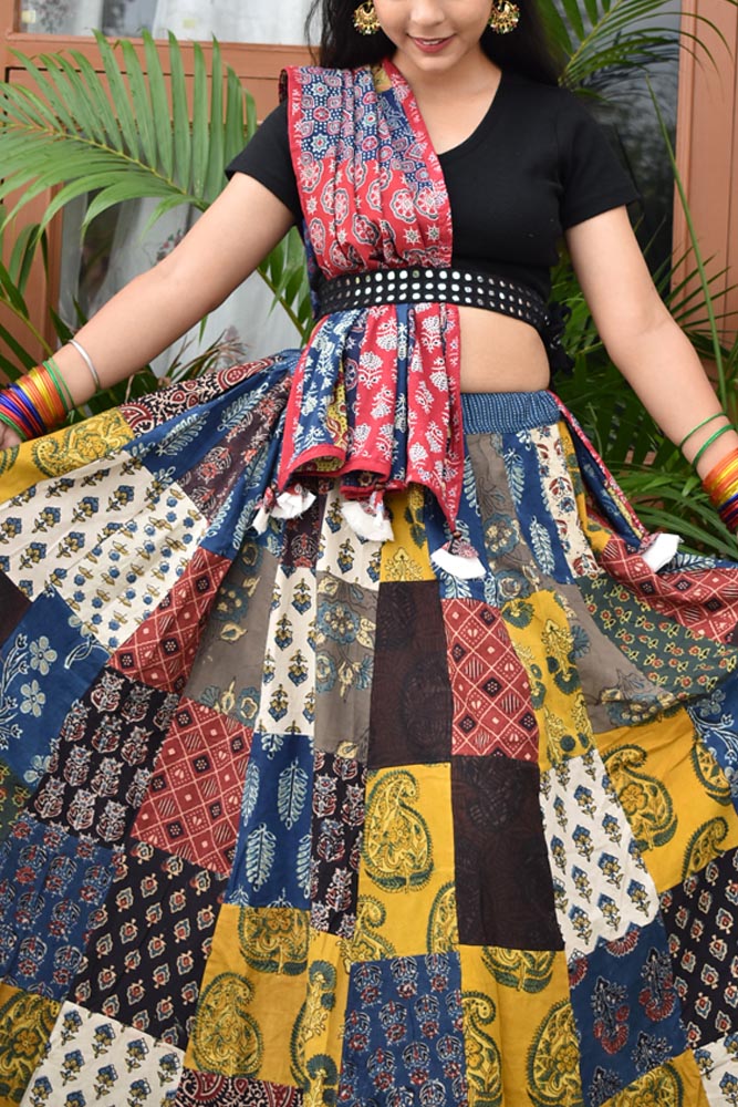 Beautiful Ajrakh Hand Block Printed Patch Work Cotton Long Skirt with Stitched borders