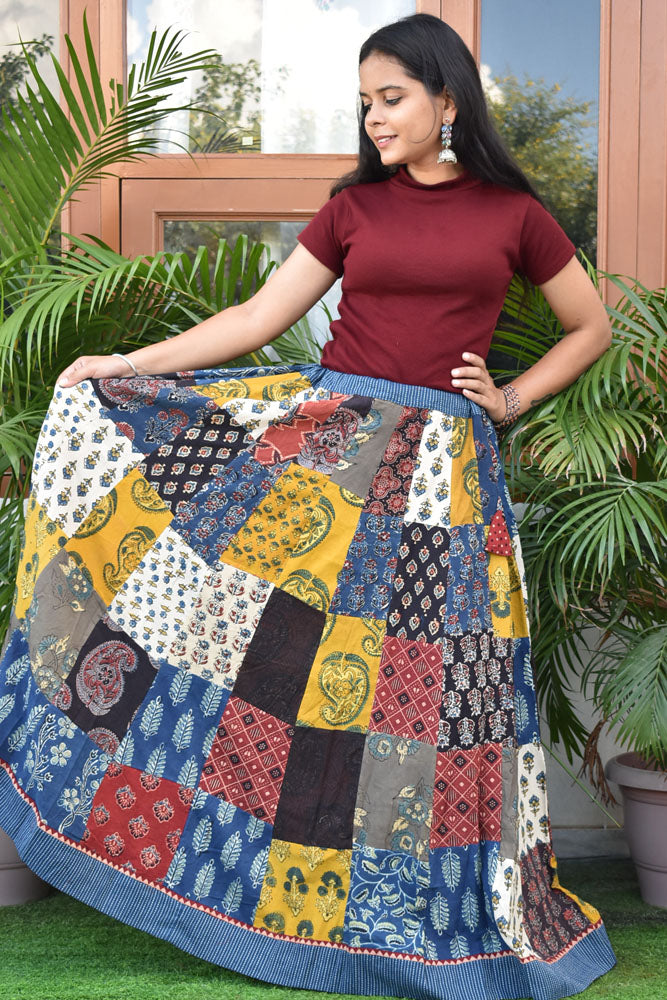 Beautiful Ajrakh Hand Block Printed Patch Work Cotton Long Skirt with Stitched borders