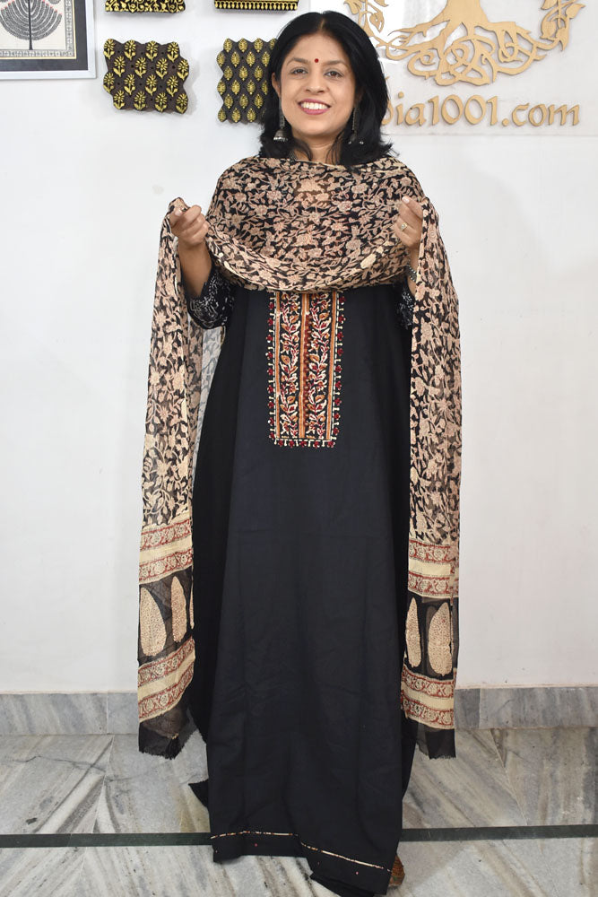 Beautiful  Cotton Unstitched Suit with Neck patch, Intricate Hand Embroidery & Block print  dupatta