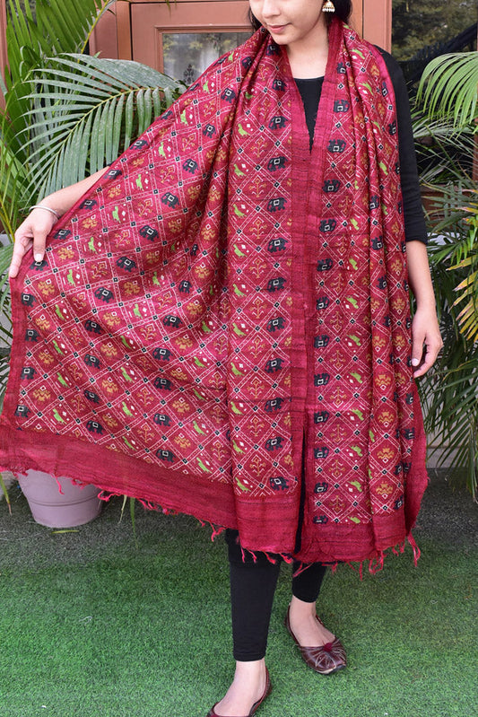 Geecha Silk Dupatta with Hand Block print with patola inspired print