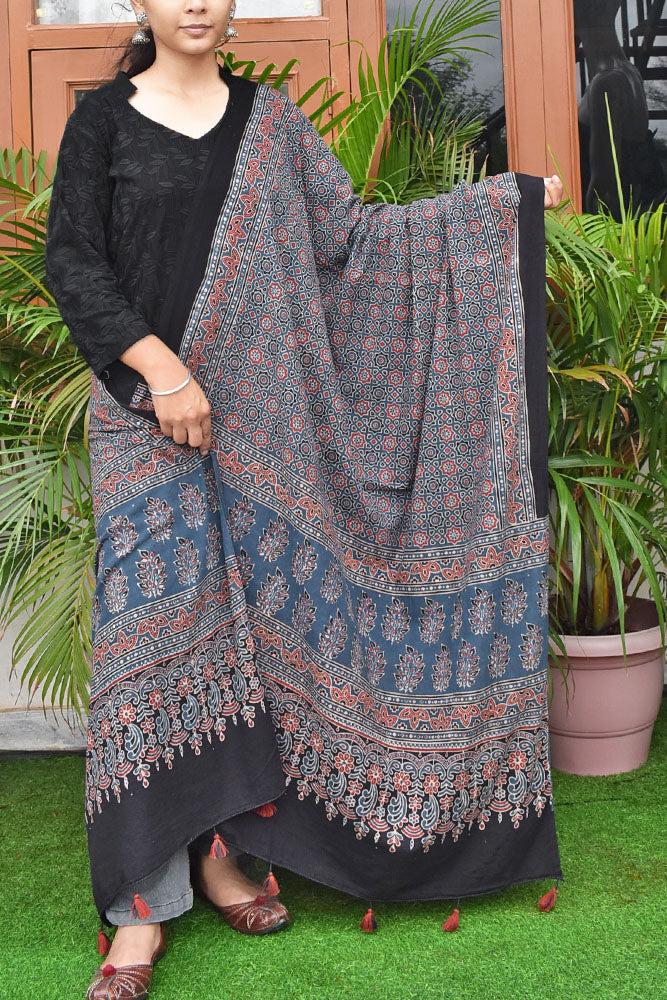 Ajrakh Hand Block Printed Cotton Dupatta with Tassels with natural dyes