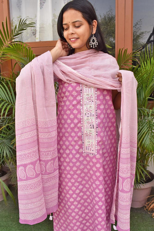Beautiful Cotton Unstitched Suit Fabric with Mirror work , Hand Embroidery & Mul cotton dupatta