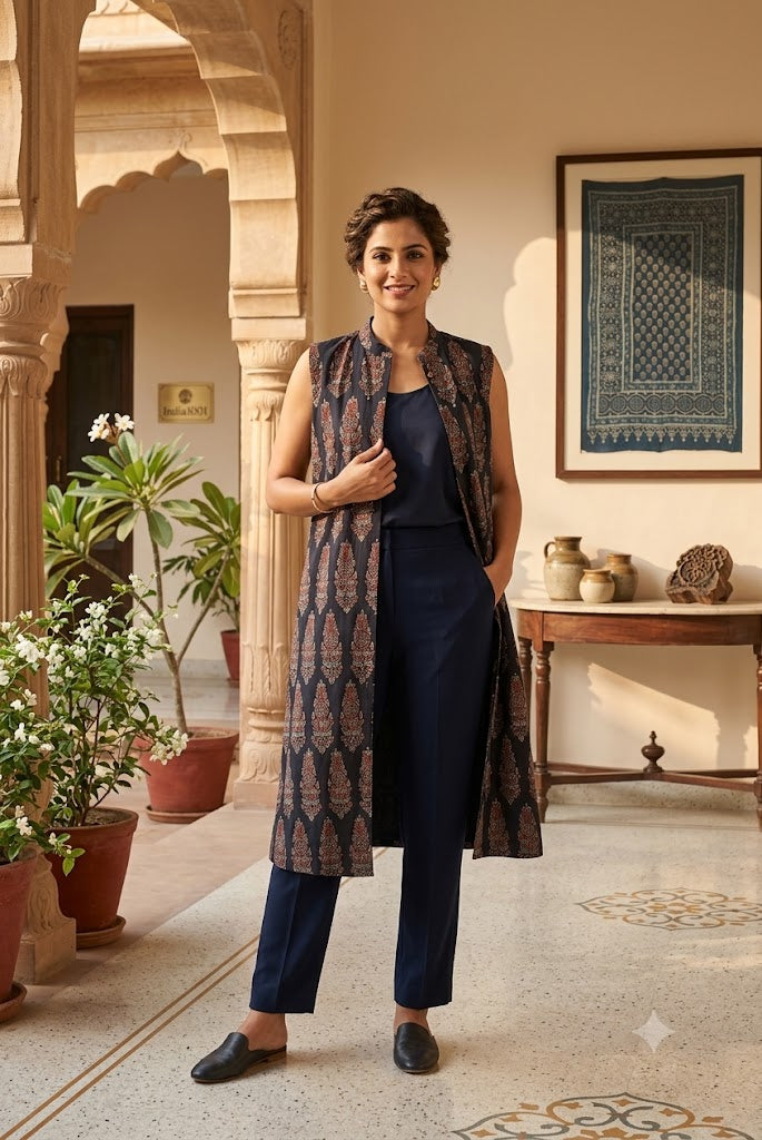 Ajrakh Hand Block Print Reversible cotton jacket - Size 38 - 44